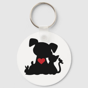 Love Puppy and Kitten Silhouette Button Keychain