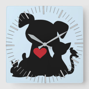 Love Puppy and Kitten Silhouette Square Wall Clock