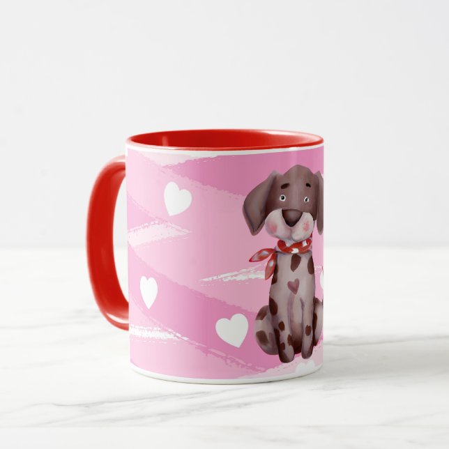 "LOVE PUPPY" WITH PINK AND WHITE HEARTS MUG (Front Left)