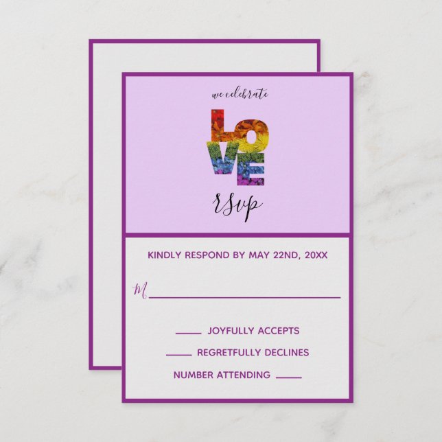 LOVE Purple Themed Same-Sex Wedding RSVP Card (Front/Back)