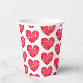 Love puzzle solved, red puzzle heart paper cups