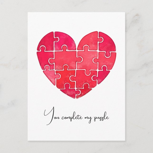 Love puzzle solved, red puzzle heart postcard (Front)