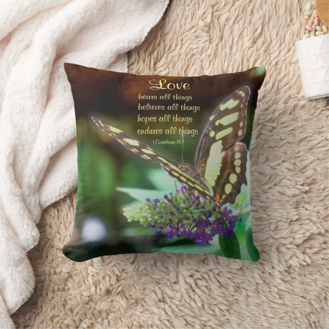 Love Quote Corinthians 13:7 Butterfly  Throw Pillow (Blanket)