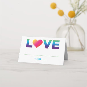 Love Rainbow Colours Heart Wedding Place Card
