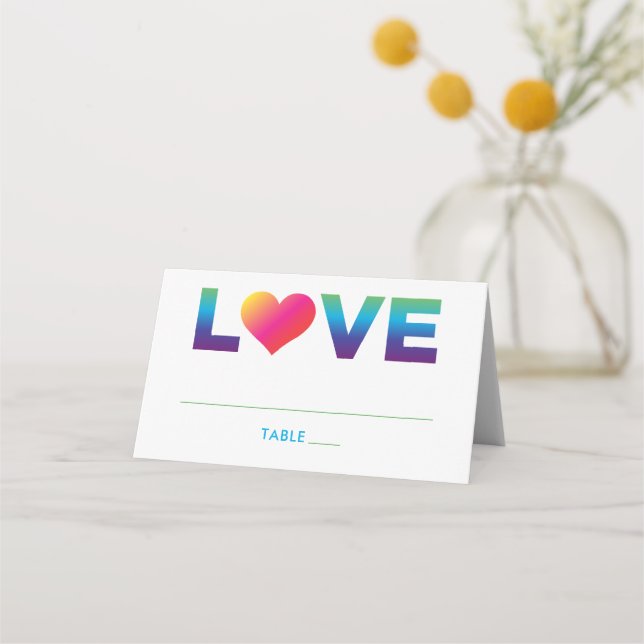 Love Rainbow Colours Heart Wedding Place Card (Front)