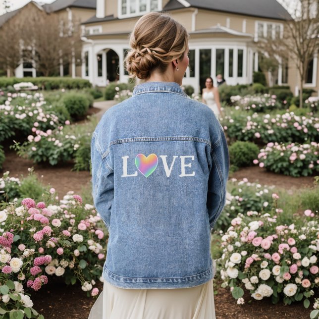 LOVE Rainbow Heart Women's  Denim Jacket (Wedding Back)