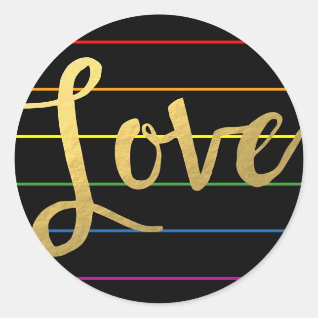 Love Rainbow Pinstripe LGBT Faux Gold Foil Classic Round Sticker (Front)