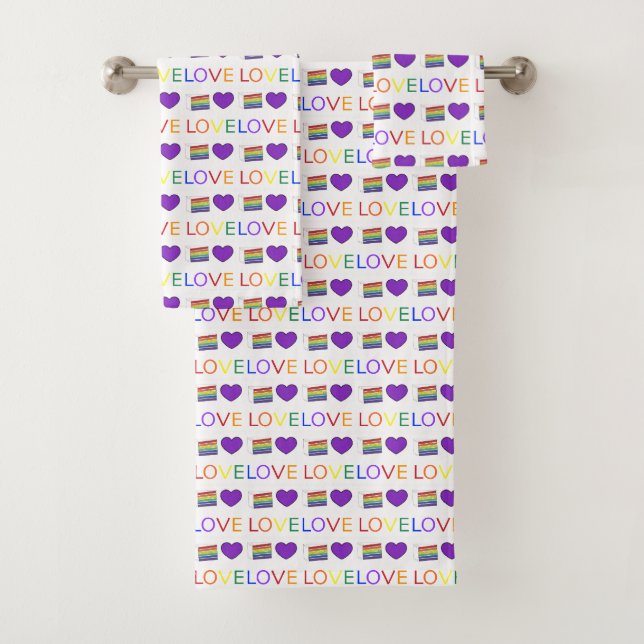 LOVE Rainbow Pride Layer Cake Slice Purple Heart Bath Towel Set (Insitu)