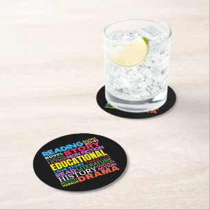 Love Reading Books - Genre Word Art Round Paper Coaster