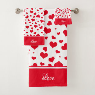 "Love" Red and White Random Heart Random Pattern Bath Towel Set