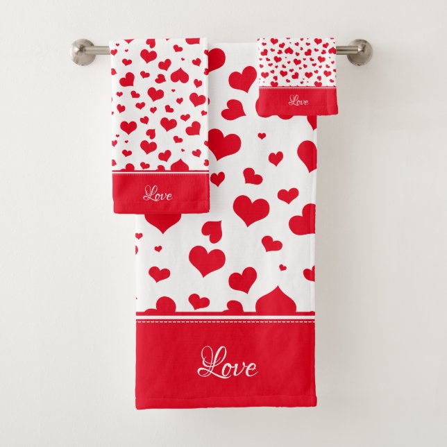"Love" Red and White Random Heart Random Pattern Bath Towel Set (Insitu)