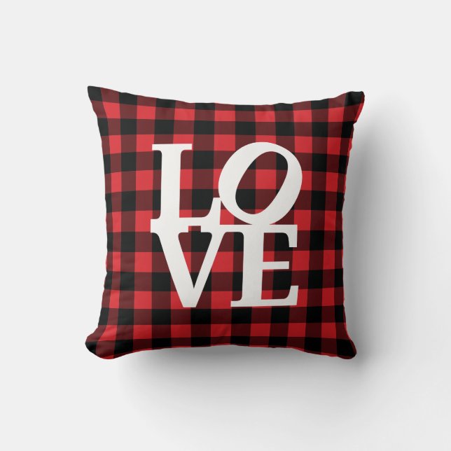 Love red buffalo plaid pattern throw pillow (Front)