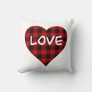 Love, red buffalo plaid pattern, valentine heart throw pillow