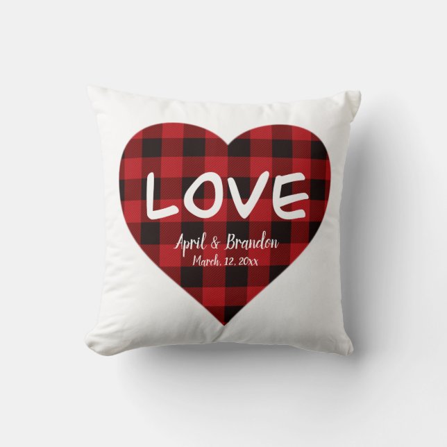 Love, red buffalo plaid pattern, valentine heart throw pillow (Front)
