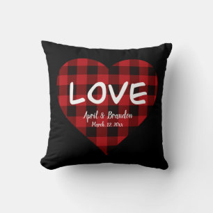 Love, red buffalo plaid pattern, valentine heart throw pillow