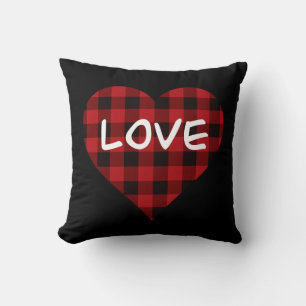Love, red buffalo plaid pattern, valentine heart throw pillow