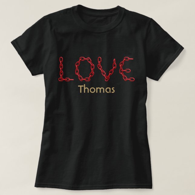 Love Red Chain Letters Gold Customized Name T-Shirt (Design Front)