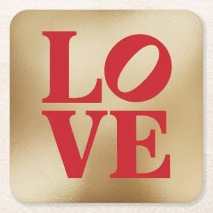 LOVE Red Gold Typography Coaster Set