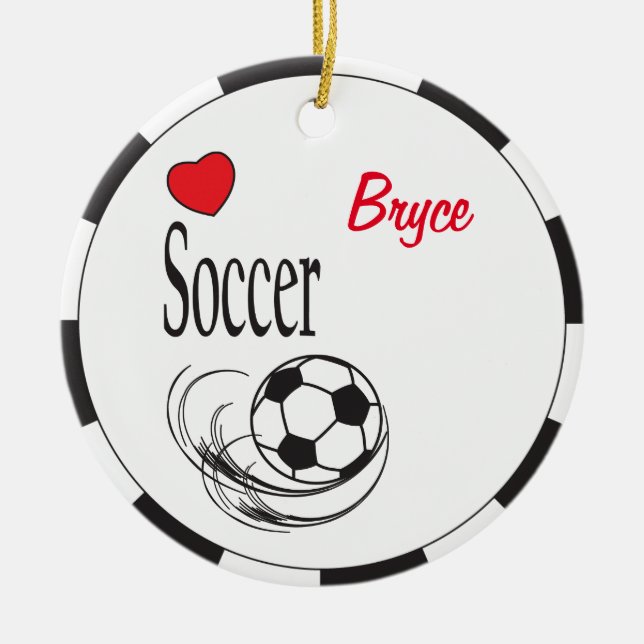Love Red Heart Soccer Ball Ceramic Ornament (Front)