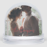 Love Red Modern Script Couple's Photo Snowglobe<br><div class="desc">A beautiful gift for newlyweds,  this snow globe provides the option for front and back photos. Customize the globe by adding the name of the couple,  while the back provides a date and special quote in red text for their special day.</div>