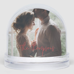 Love Red Modern Script Couple's Photo Snowglobe