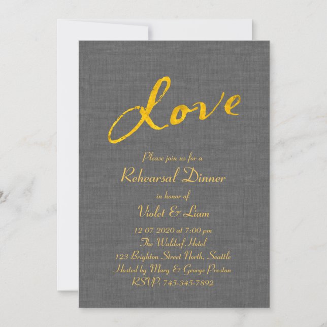 Love Rehearsal Dinner Invitation on Grey Linen (Front)