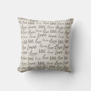 "Love" repeat Typography sepia, Calligraphy Script Throw Pillow
