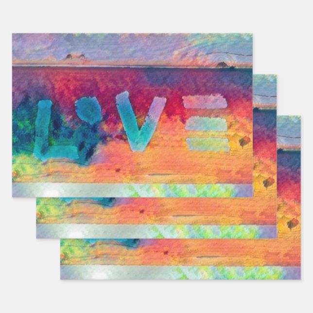 Love Retro Hippie Blue Red Orange Bohemian Country Wrapping Paper Sheet (Set)
