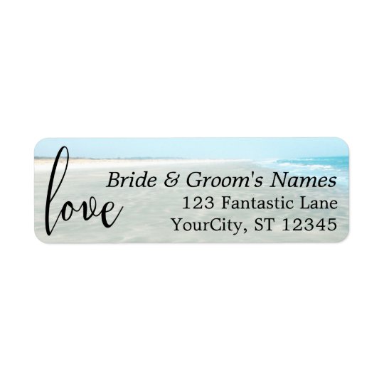 "Love" Rippled Sand, Aqua Water Photo Modern Beach Return Address Label