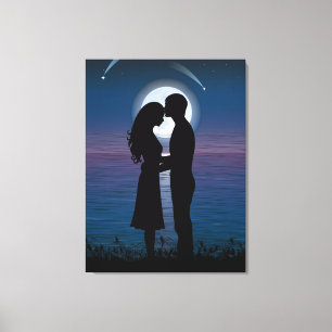 Love Romance Silhouette Couple On The Lake Coast Canvas Print