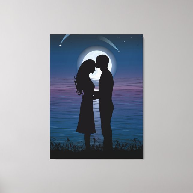 Love Romance Silhouette Couple On The Lake Coast Canvas Print (Front)