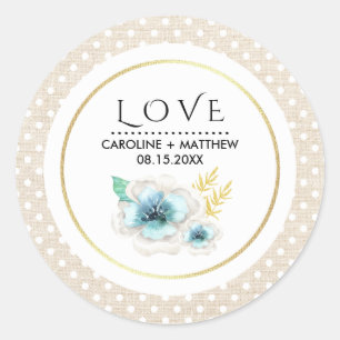 Love. Romantic Floral Burlap Texture Wedding Classic Round Sticker