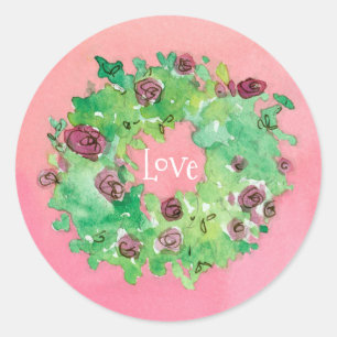 Love Rose Wreath Watercolor Classic Round Sticker