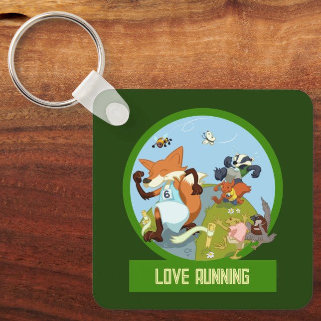 Love Running Funny Woodland Animal Race Cartoon Keychain (Front)