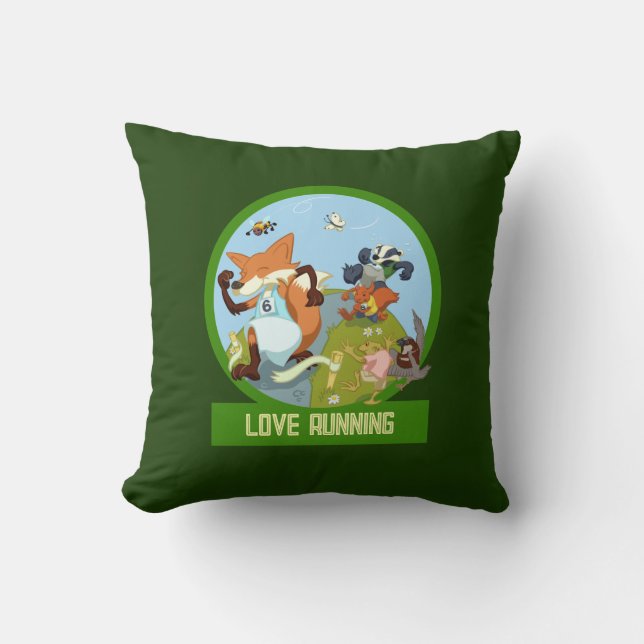 Love Running Funny Woodland Animal Race Cartoon Throw Pillow (Front)