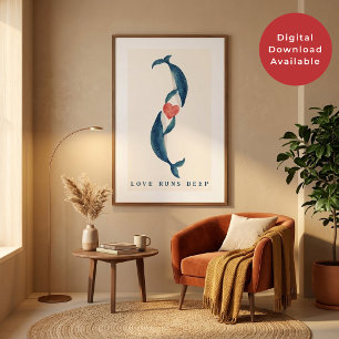 Love Runs Deep Two Whales and Heart Valentine Poster
