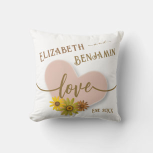 Love Rustic Peach Heart with Flowers Typography Throw Pillow