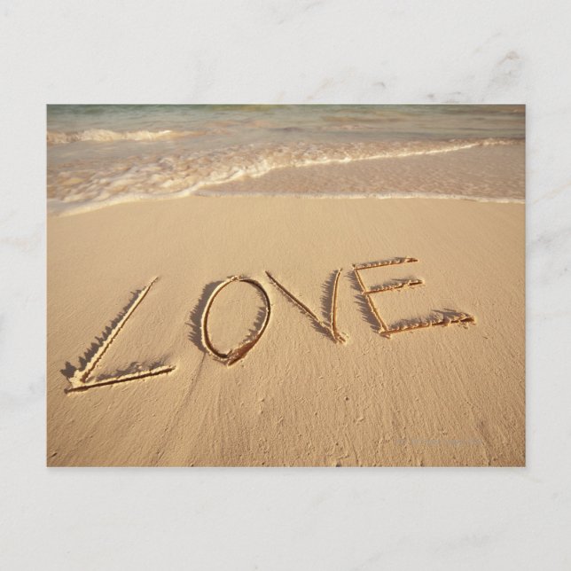'Love' sand written on the beach with incoming Postcard (Front)