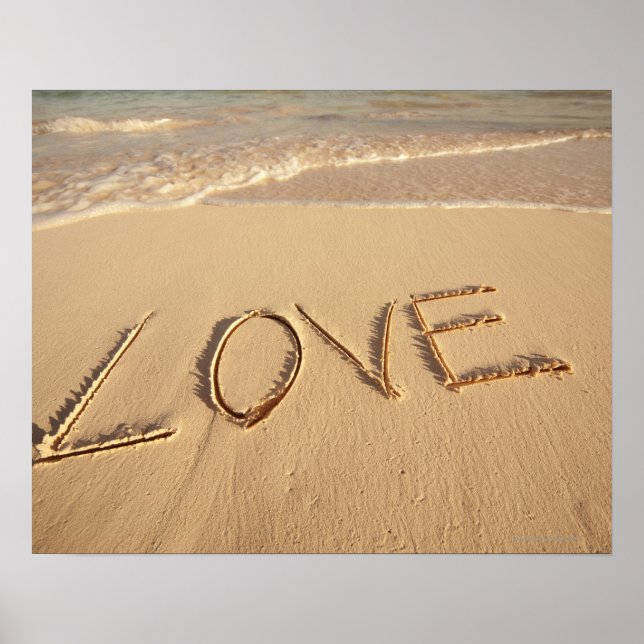 'Love' sand written on the beach with incoming Poster (Front)