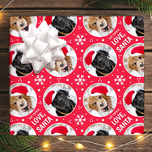 Love Santa Custom Name 4 Photo Red Christmas Wrapping Paper