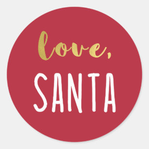 Love, Santa   Faux Gold Typography on Red Classic Round Sticker