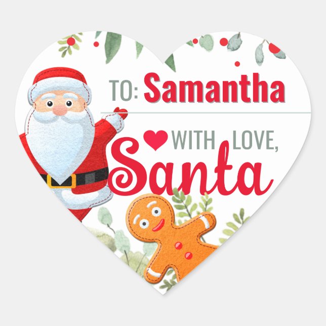 "Love, Santa" Gingerbread Custom Christmas Gift Heart Sticker (Front)