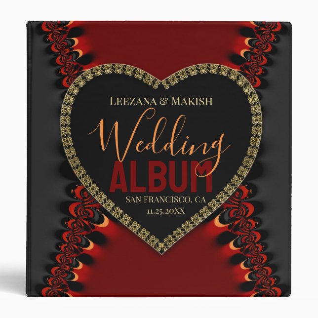 Love Satin Red+ Black Fractal Lace Wedding Album Binder (Front)