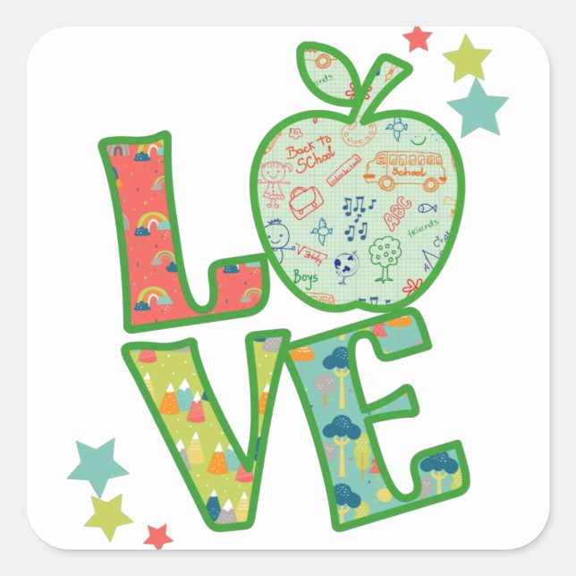 Love School Apple, Drawn Back to School Square Sticker (Front)