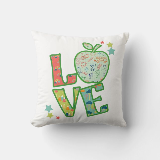 Love School Apple, Drawn Back to School Throw Pillow (Front)