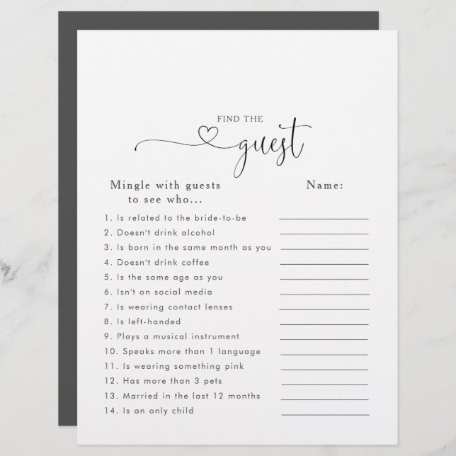 Love Script Bridal Shower Find the Guest Game (Front/Back)