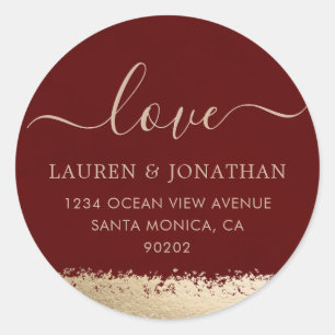 Love Script, Burgundy and Gold Foil Wedding Classic Round Sticker