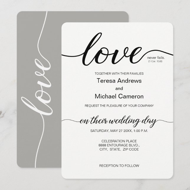 Love Script Grey Minimalist Christian Wedding Invitation (Front/Back)