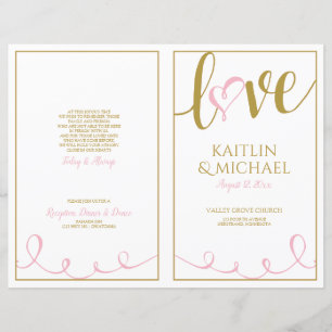 Love Script Heart Wedding Programs Pink & Gold