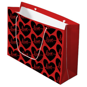 Love Script Hearts Red Black Pattern Valentine's Large Gift Bag